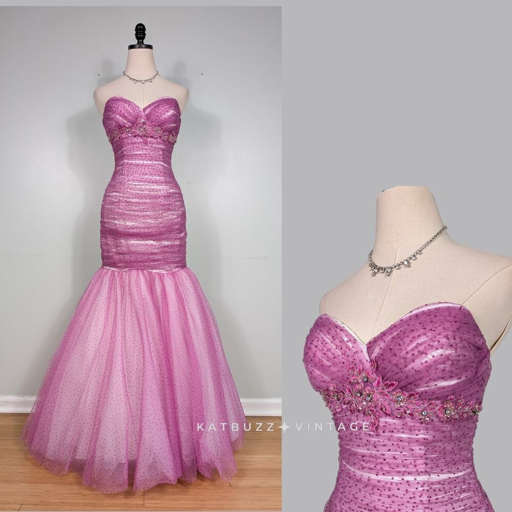 Vintage Prom Dress Maxi Gown 2 Pink Corset Fairy Princess Strapless Mermaid Y2K